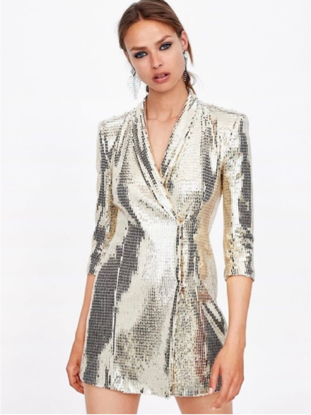 Zara sequin metallic gold blazer mini dress XS new years party holidays